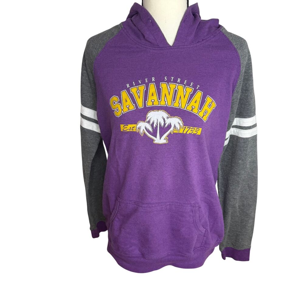 Savannah River Street Hoodie Purple Gray Varsity Stripe Pullover Womens M
